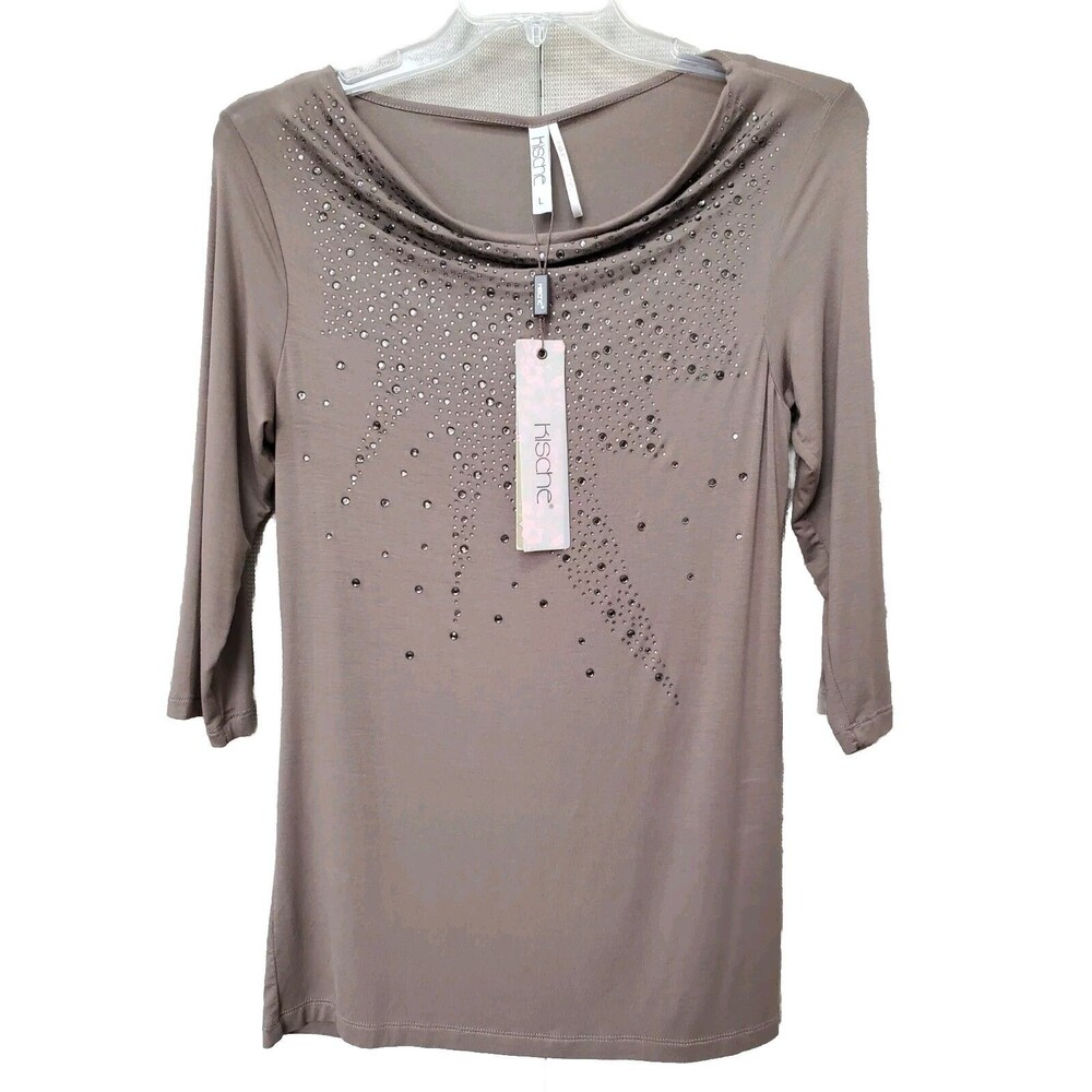 Kische Brown Studded Draped Neck Blouse Size Large NWT